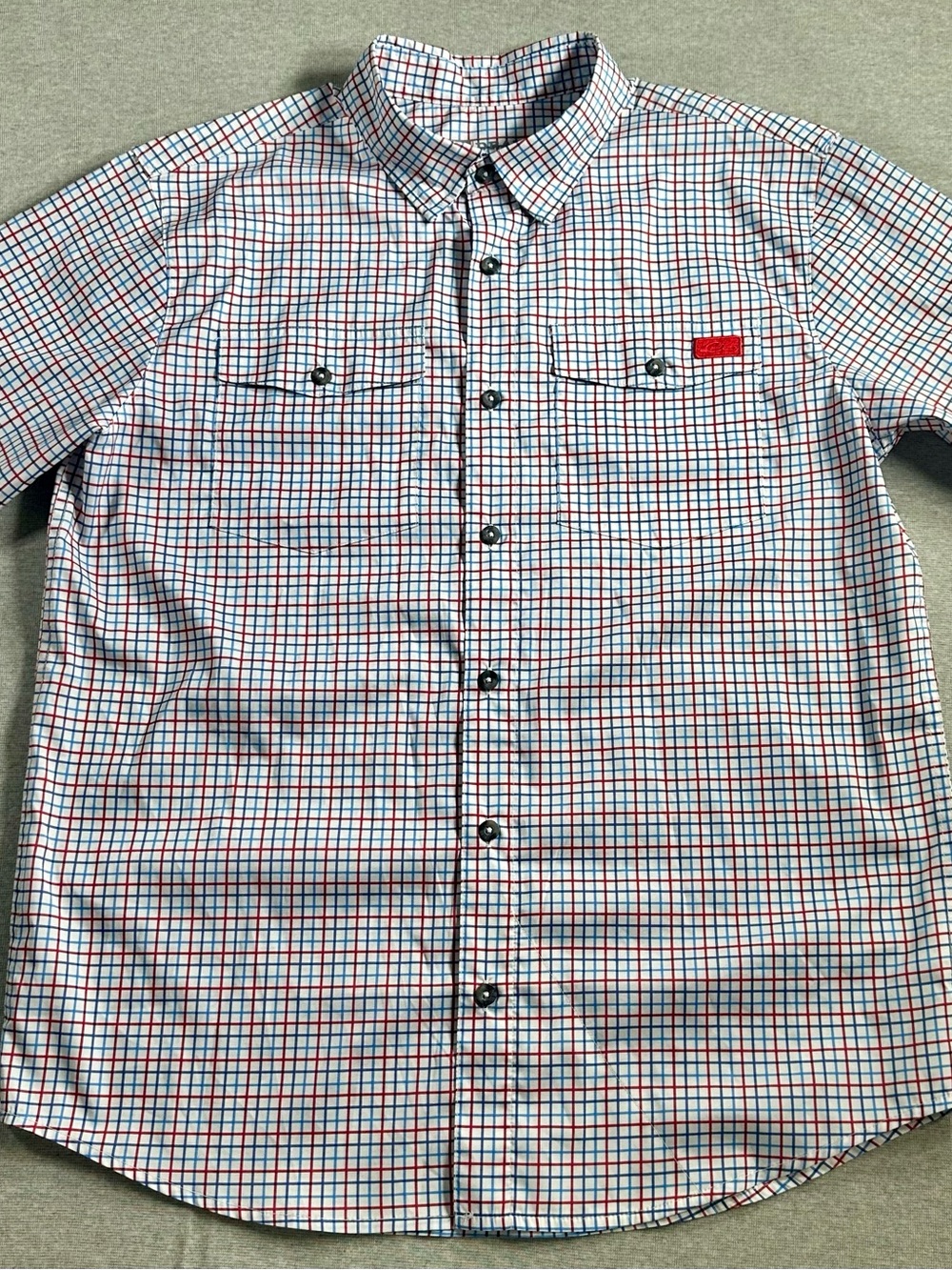 Drake’s Short Sleeve Plaid Button-Up Shirt - White with Red & Blue Check Vented